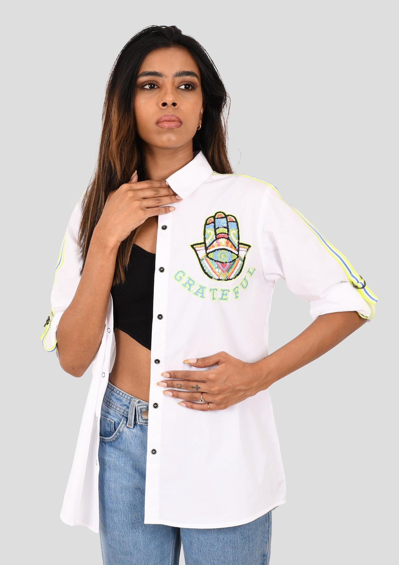 White Cotton Shirt With Embroidered Hamsa Hand And "Grateful " With Stripe Tape