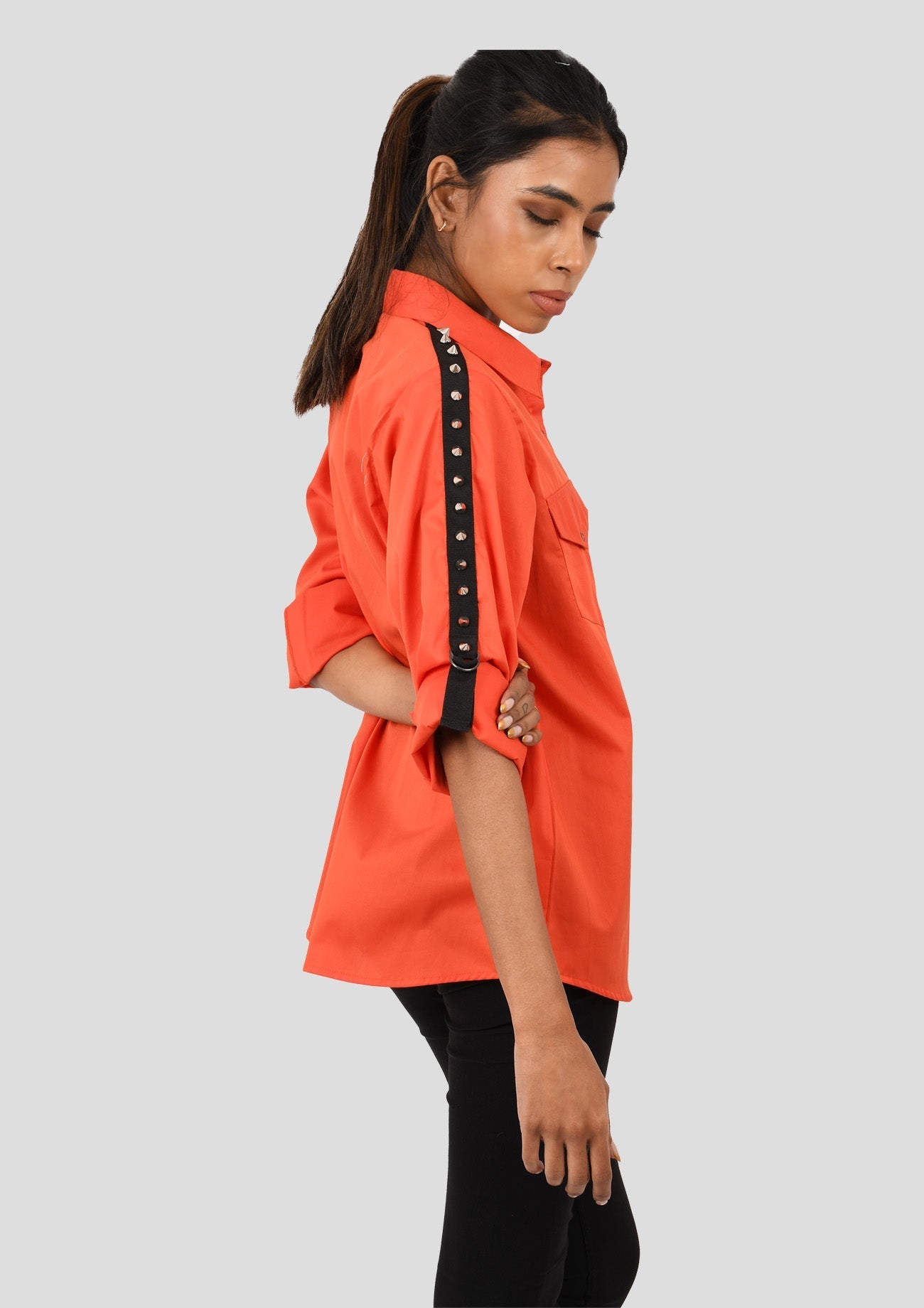 Orange Cotton Shirt With Black Spike Tape