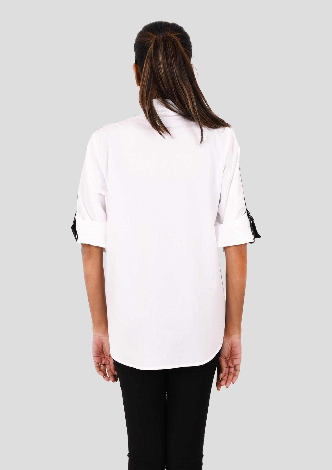 White Cotton Shirt With Eyelet Pockets And Black Tape