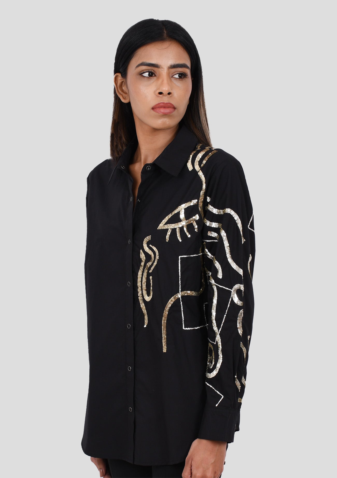 Black Cotton Shirt With Abstract Sequins Embroidery Front And Back