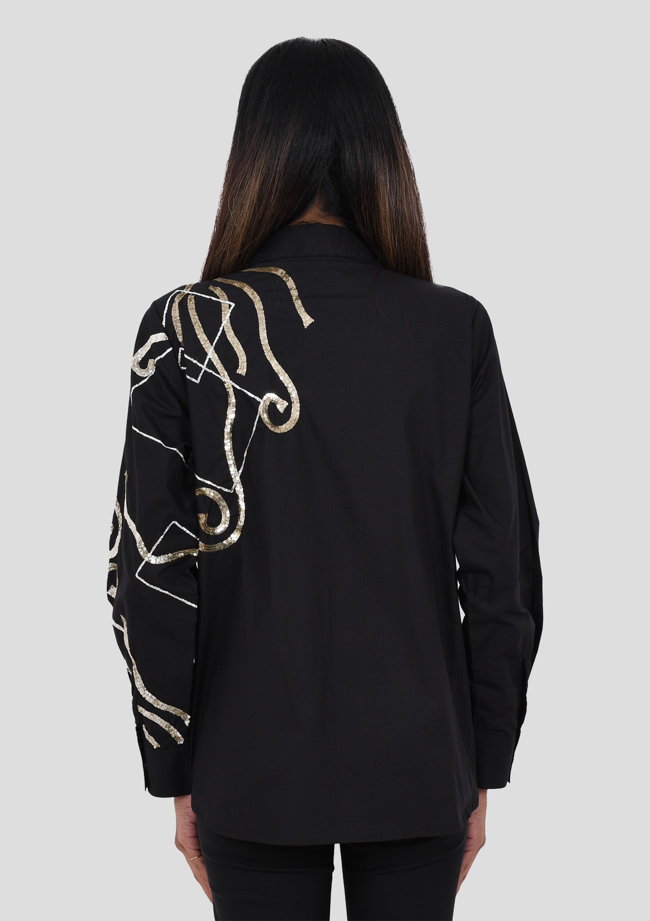Black Cotton Shirt With Abstract Sequins Embroidery Front And Back