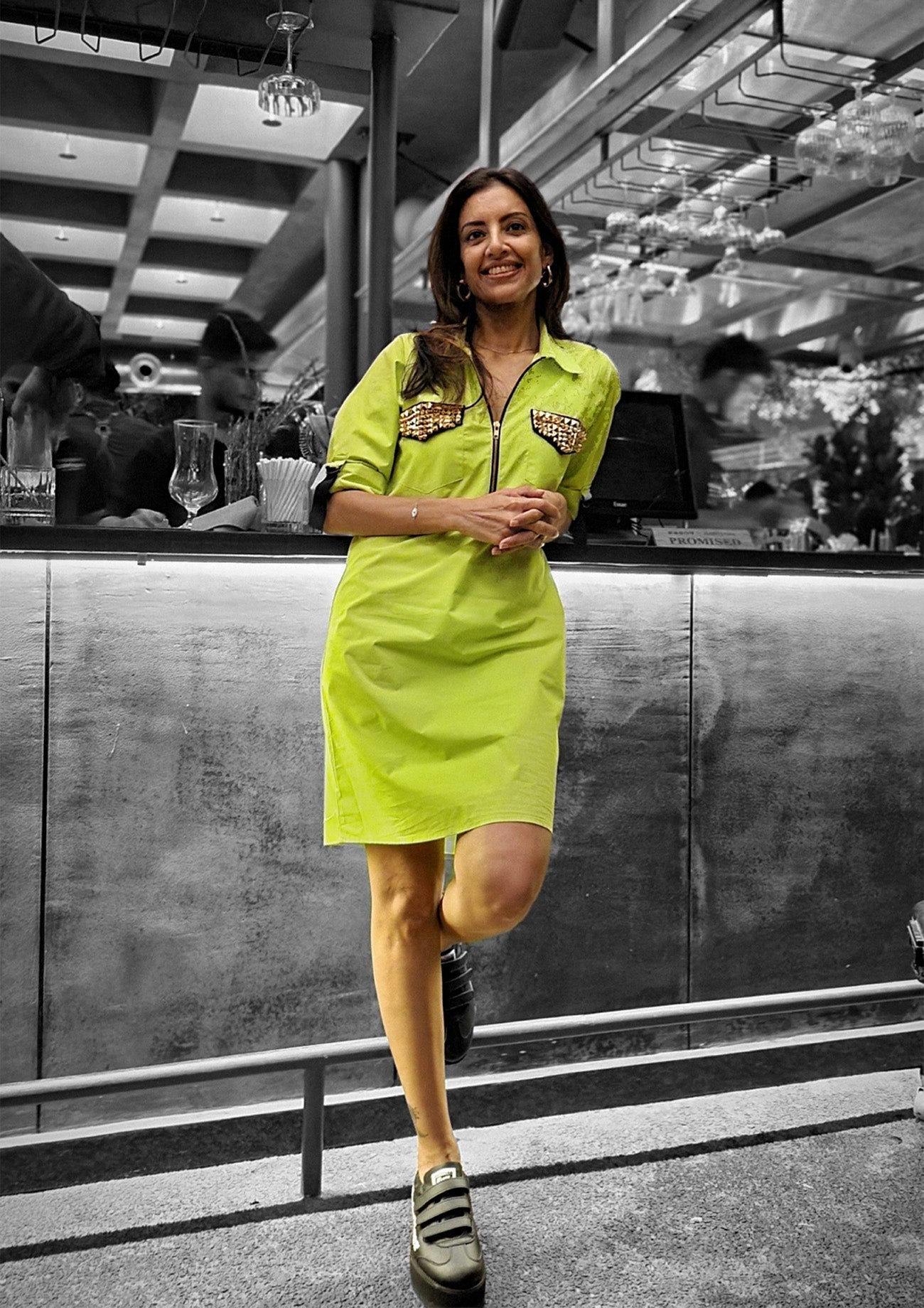 Neon Green Cotton Dress With Studded Pockets