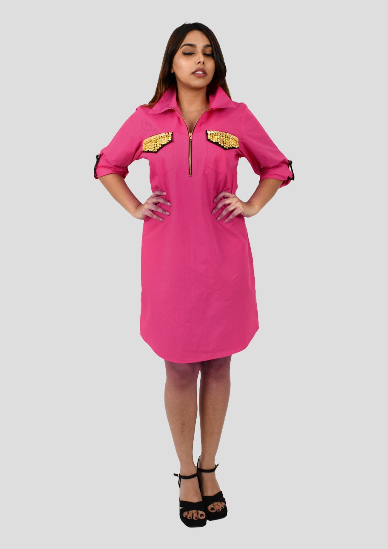 Pink Cotton Dress With Studded Pockets