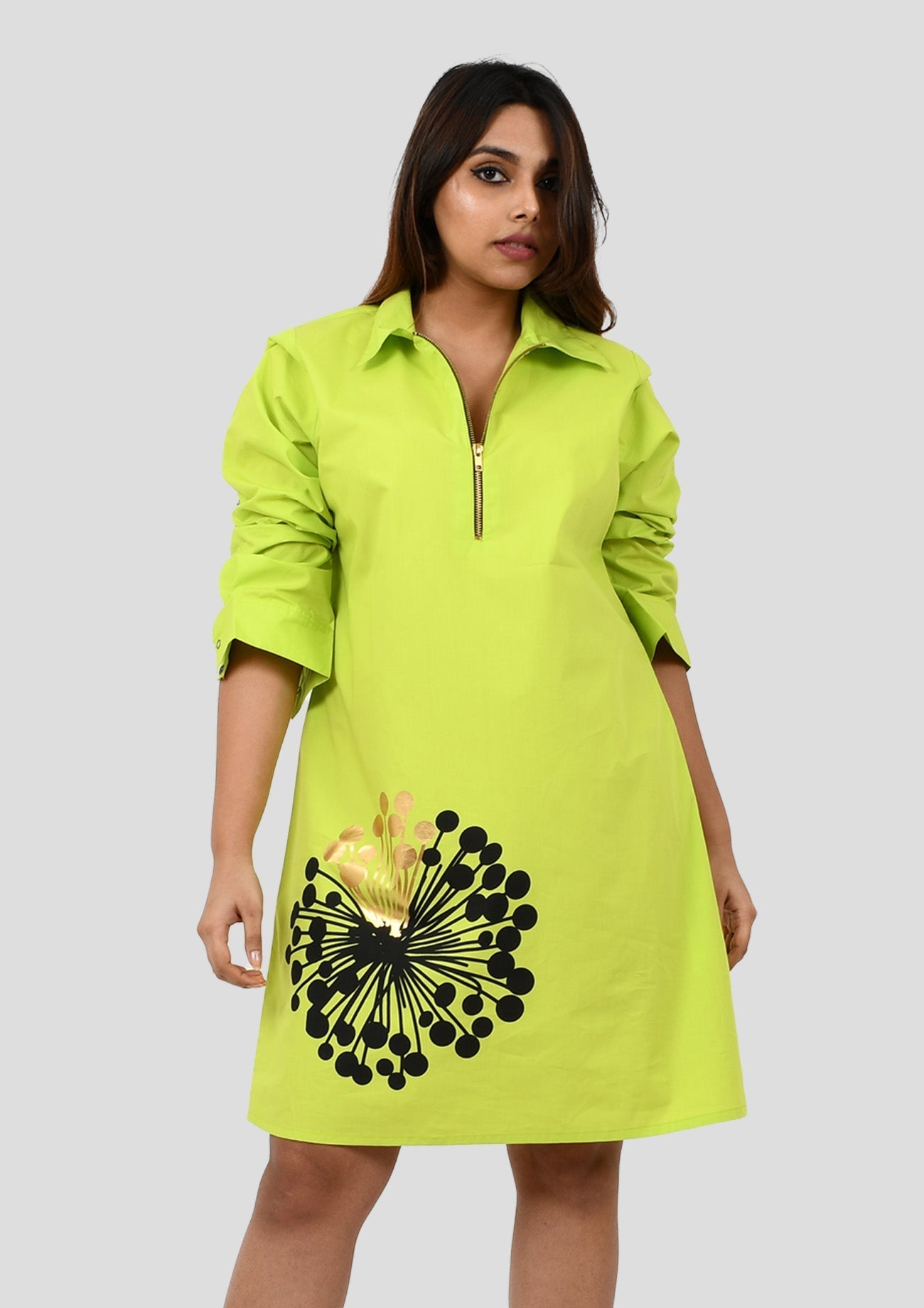 Neon Green Cotton Dress With Curated Black And Gold Foil Print