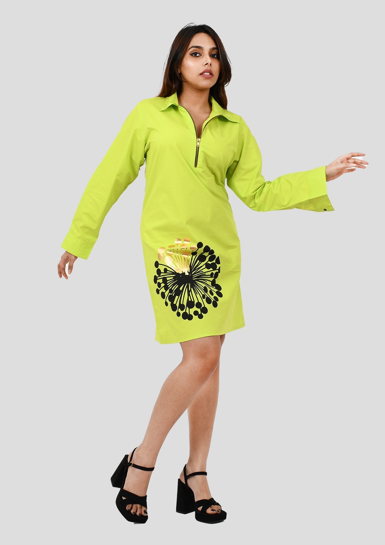 Neon Green Cotton Dress With Curated Black And Gold Foil Print