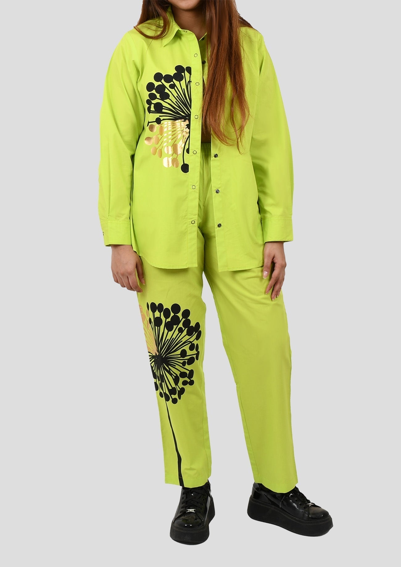 Neon Green Cotton Shirt With Half Curated Black And Gold Foil Print With Green Cotton Straight Pants With Print
