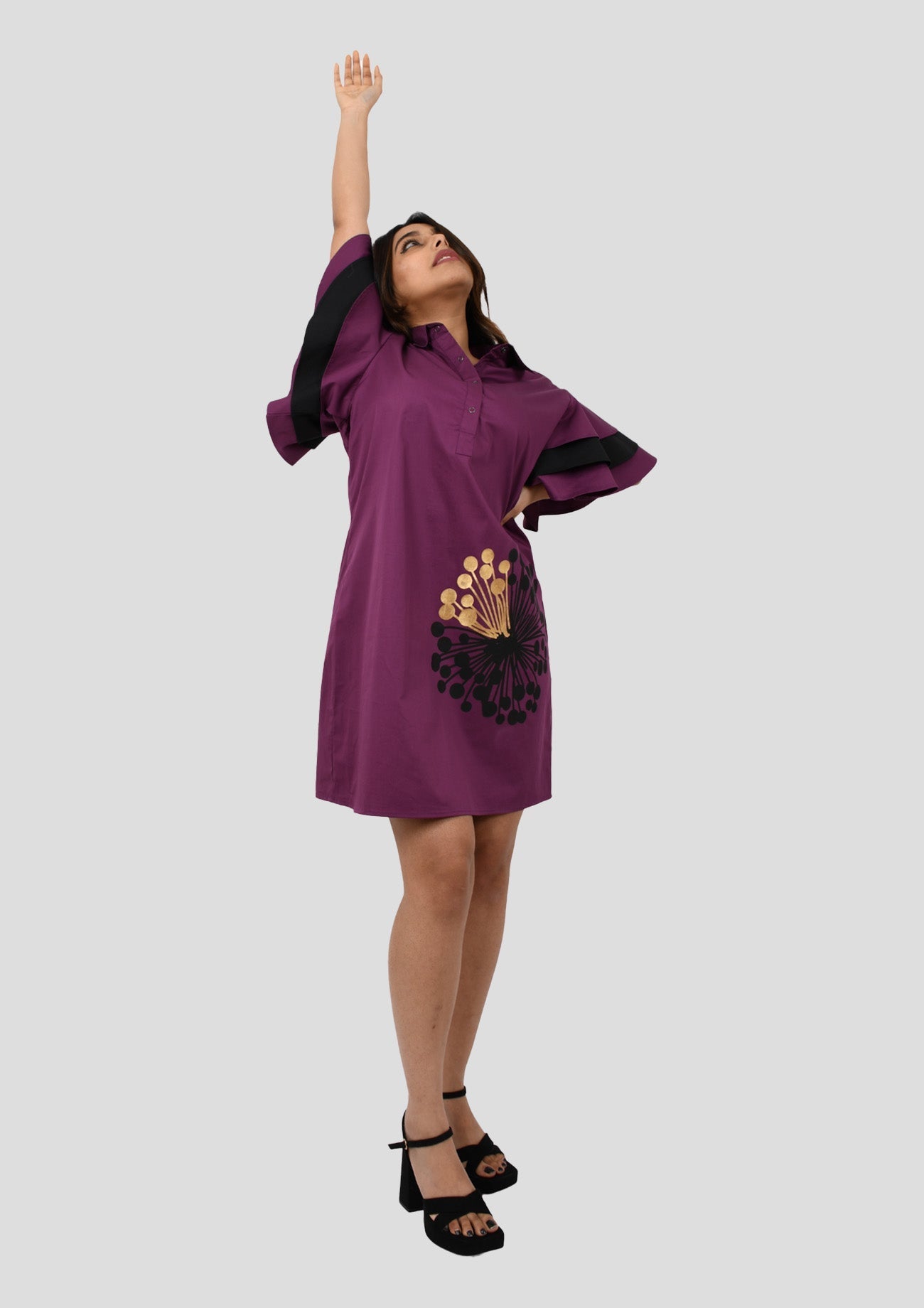 Purple Cotton Satin Dress With Layered Flare Sleeves And Curated Black And Gold Foilprint