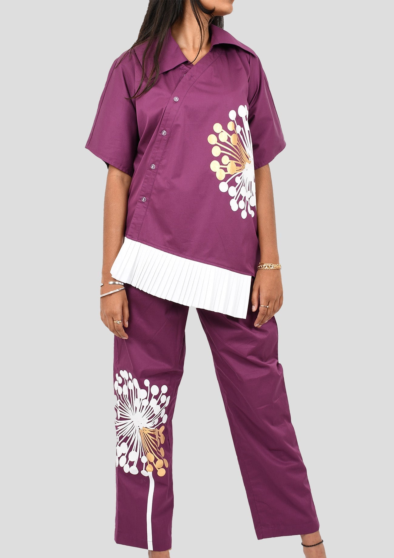 Purple Cotton Satin Asymmetrical Shirt With Curated White And Gold Foil Print & Straight Purple Cotton Satin Pants With Print