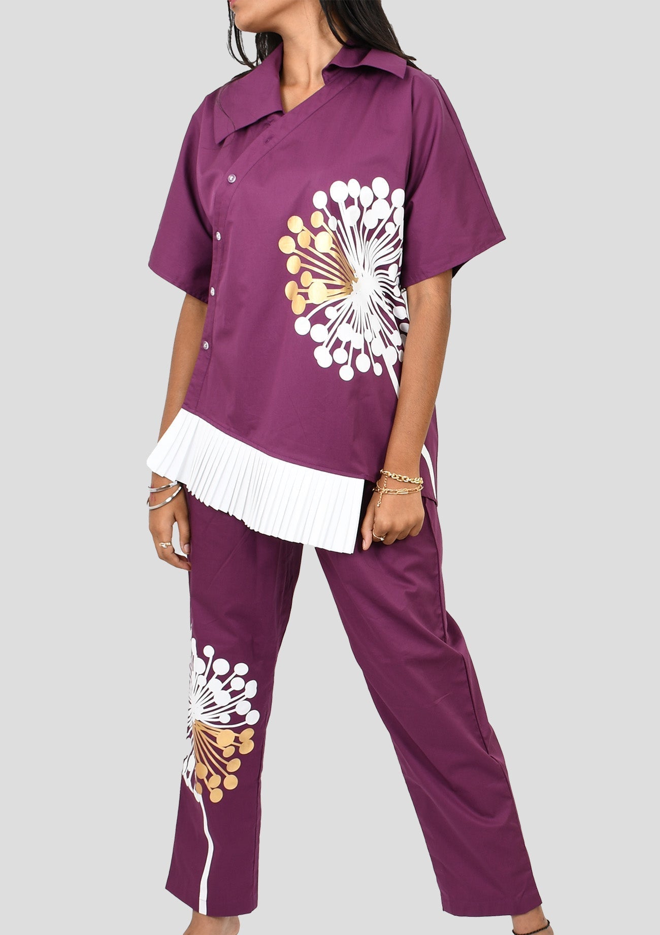 Purple Cotton Satin Asymmetrical Shirt With Curated White And Gold Foil Print