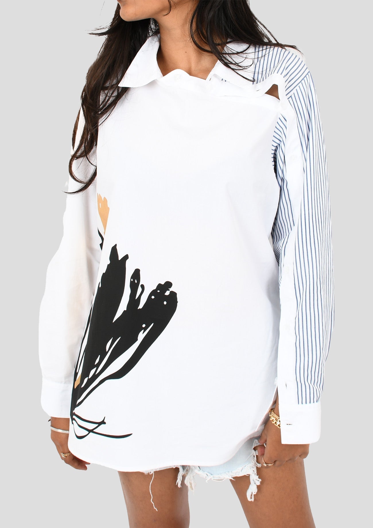 White And Stripe Cotton Shirt With Curated Black And Gold Foil Print