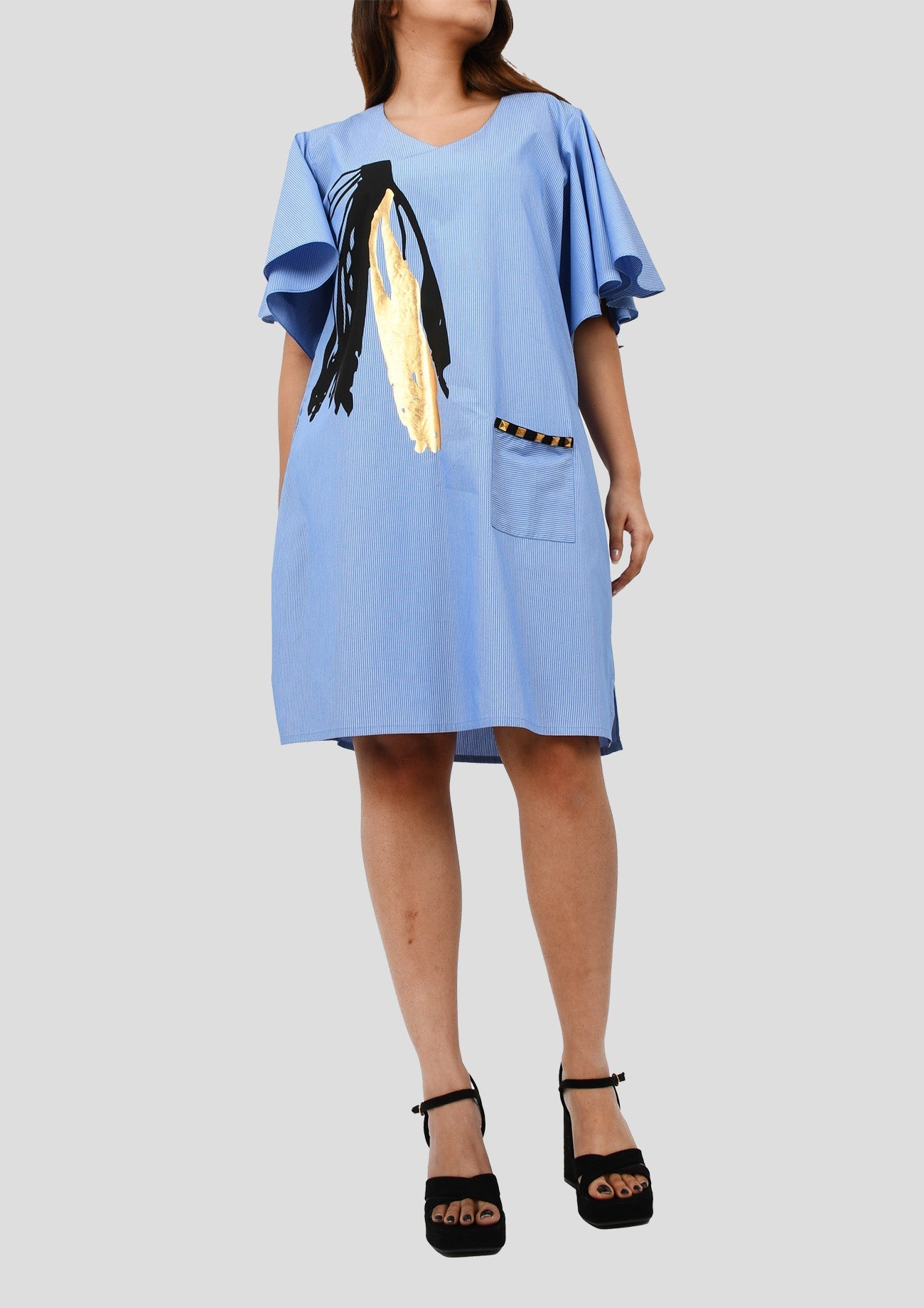 Blue Pinstripe cotton Dress With Flare Sleeves And Curated Black And Gold Foil Print