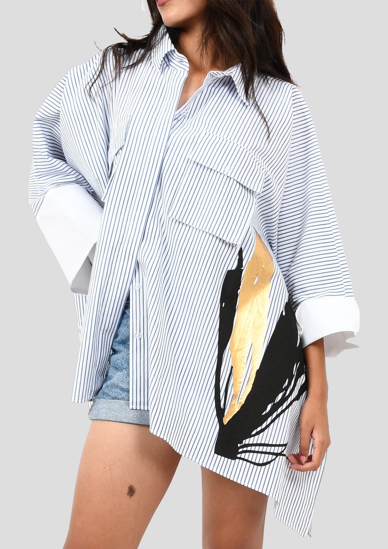 White And Blue Striped Cotton Poncho Shirt With Curated Black & Gold Foilprint