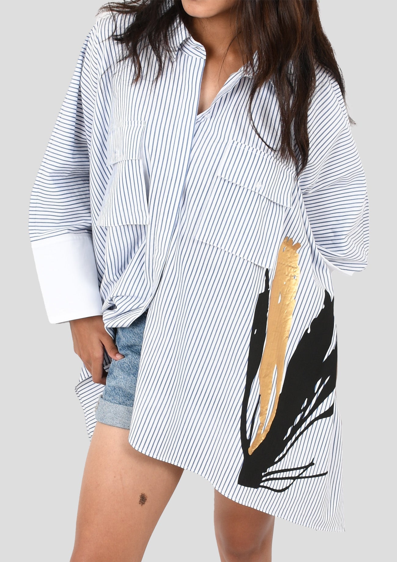 White And Blue Striped Cotton Poncho Shirt With Curated Black & Gold Foilprint