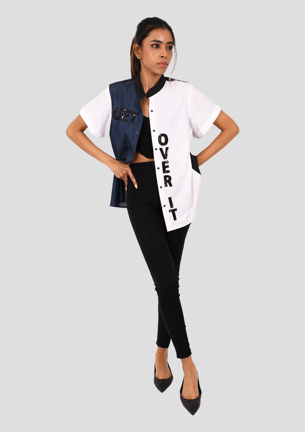 Combo White Cotton And Denim Shirt With Embroidered " Get Over It" Text