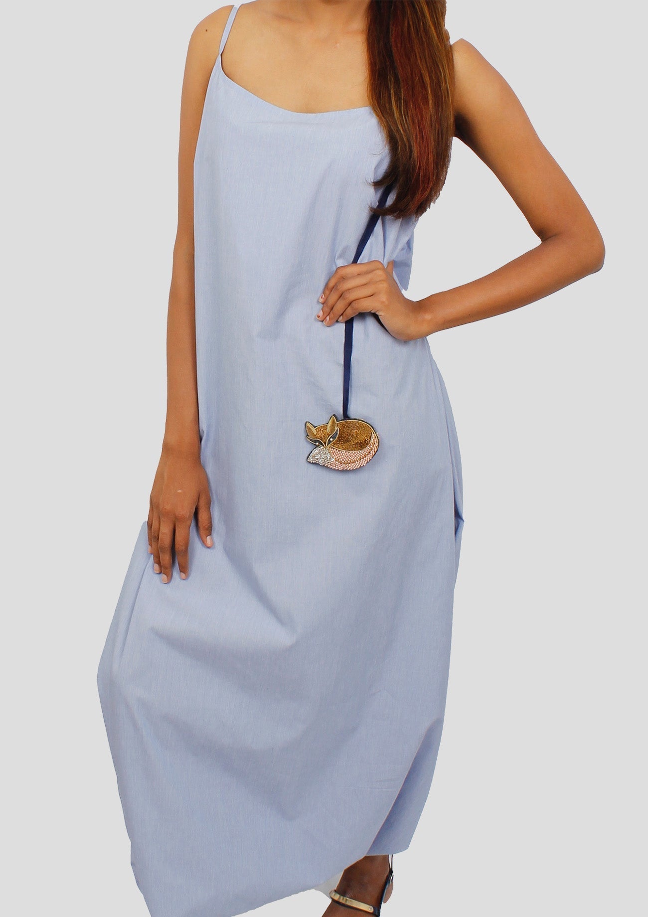 Sky Blue Cotton Jumpsuit With Detachable Embroidered Dangler