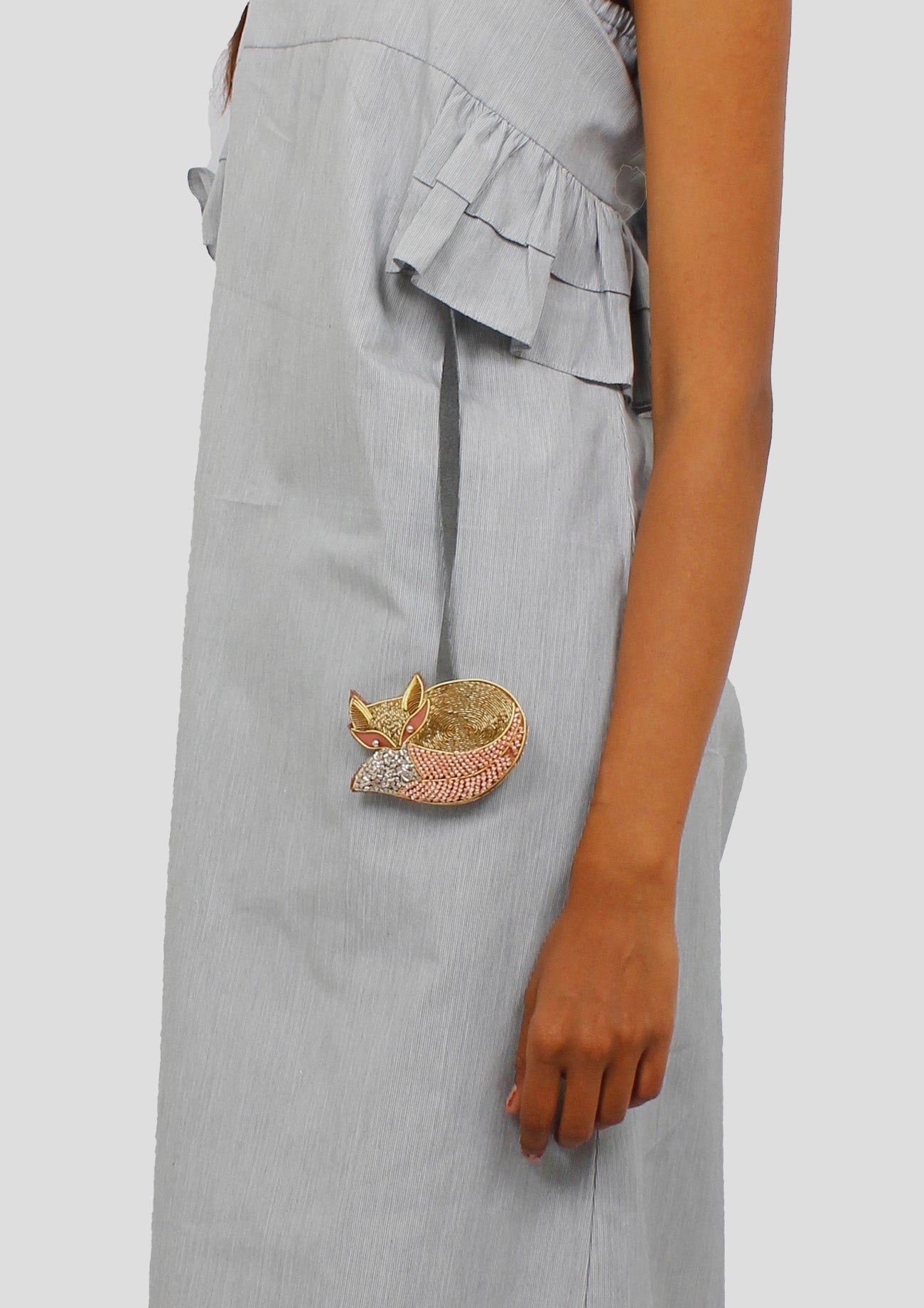 Grey Pinstriped Cotton Tube Dress With Detachable Embroidered Dangler