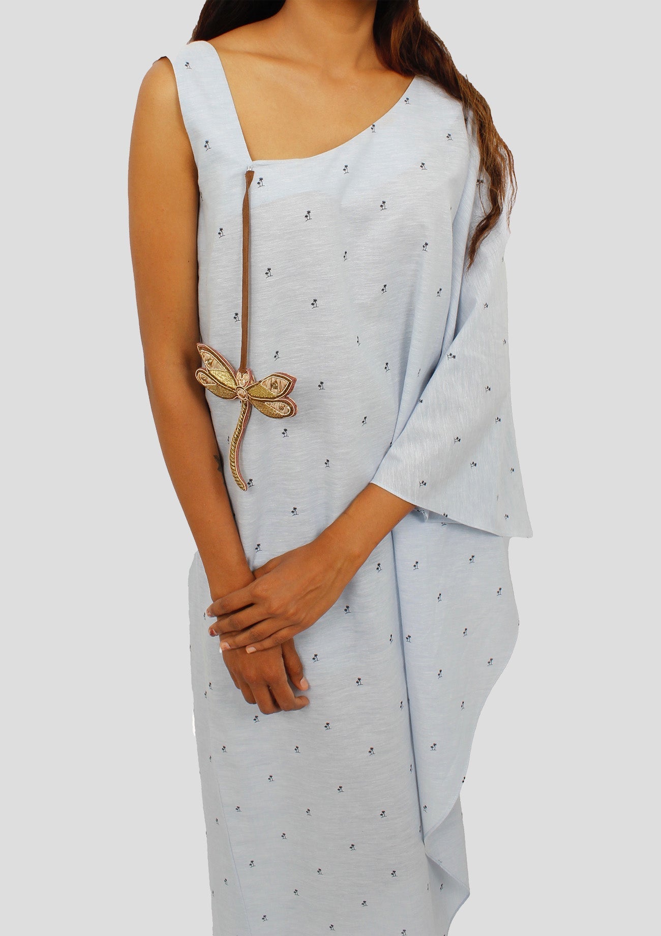 Sky Blue Cotton Printed Asymmetrical Top With Detachable Embroidered Dangler