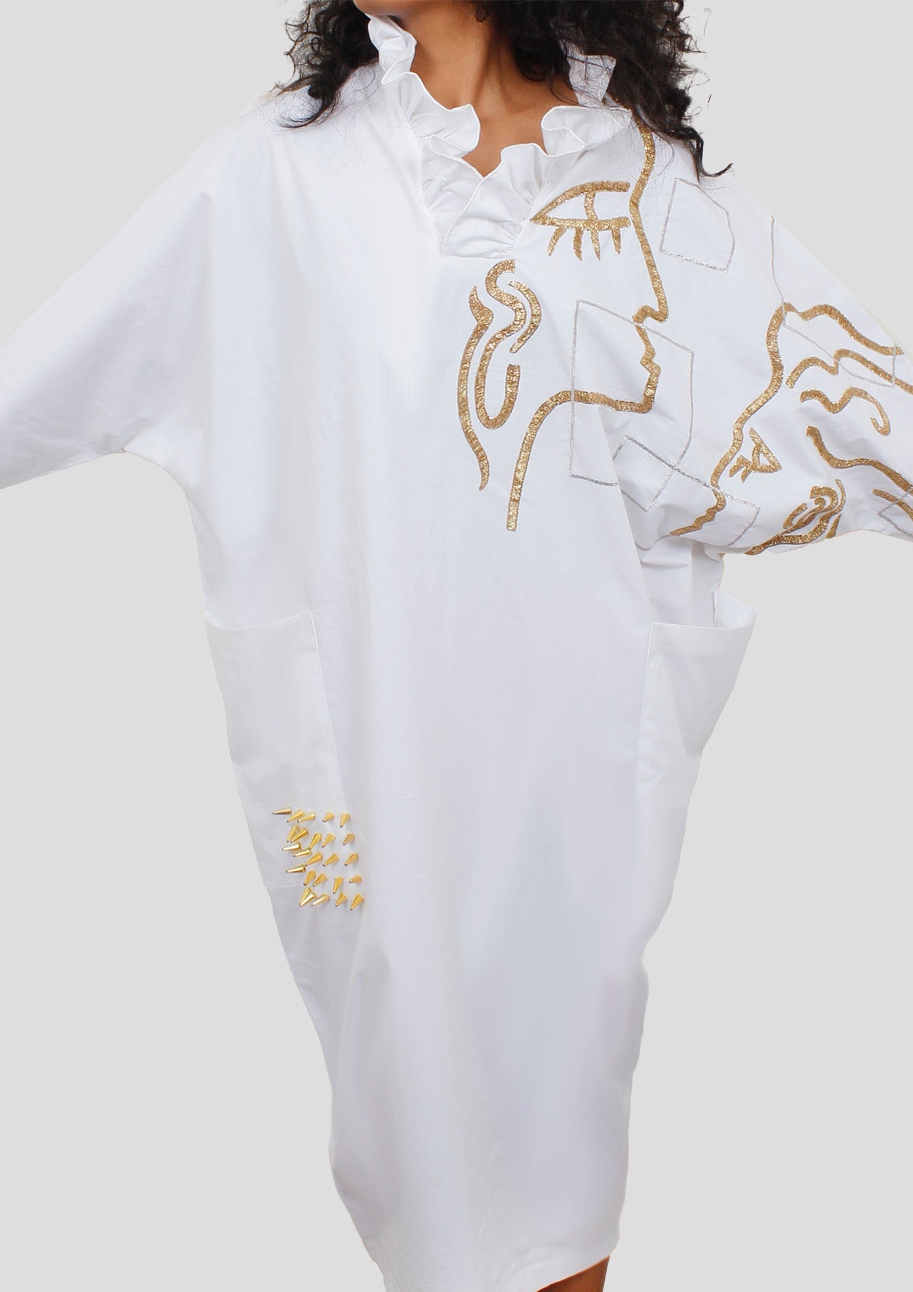 White Cotton Antifit Dress With Abstract Embroidery