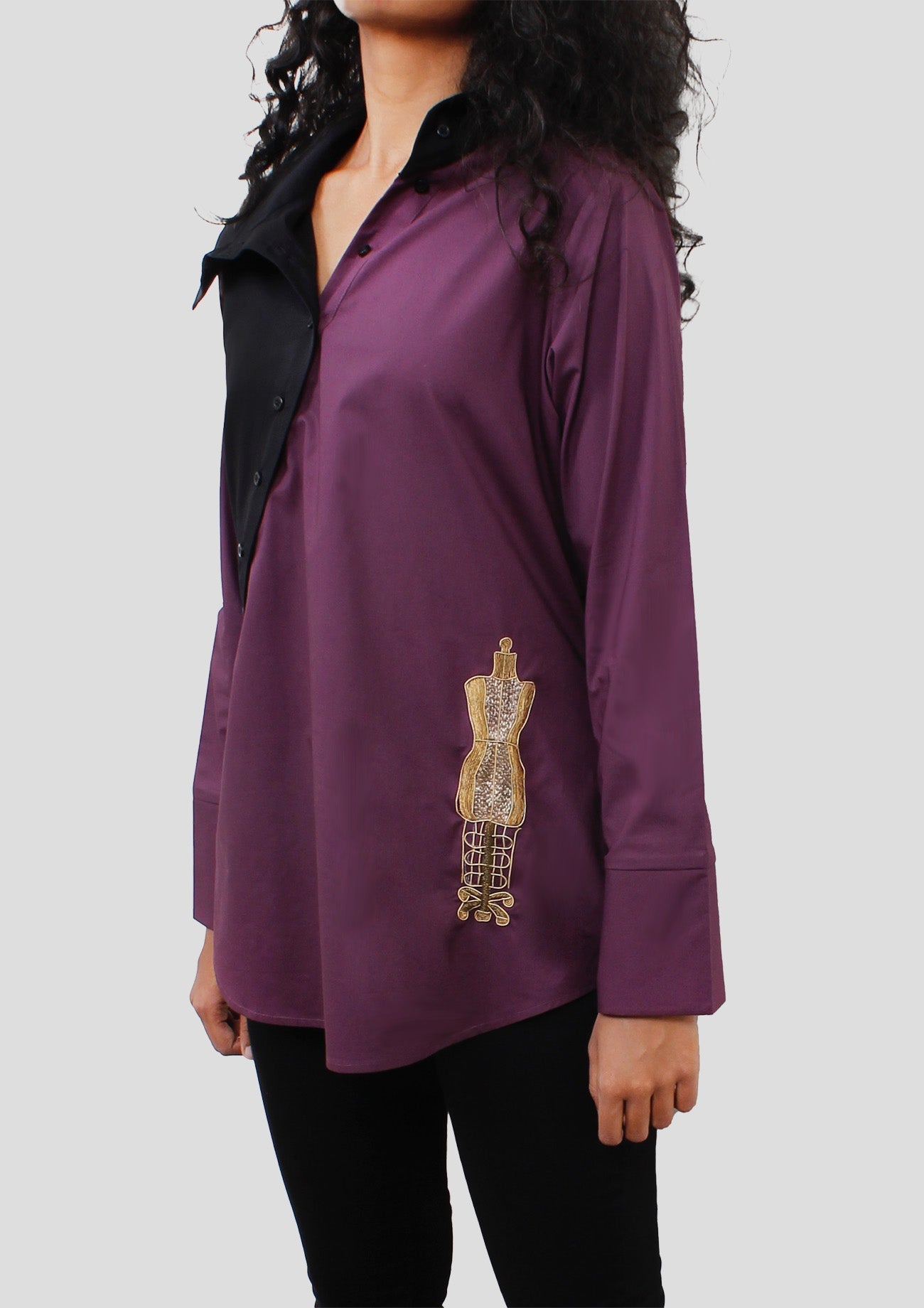 Black And Deep Purple Cotton Shirt With Asymmetrical Placket With Embroidery