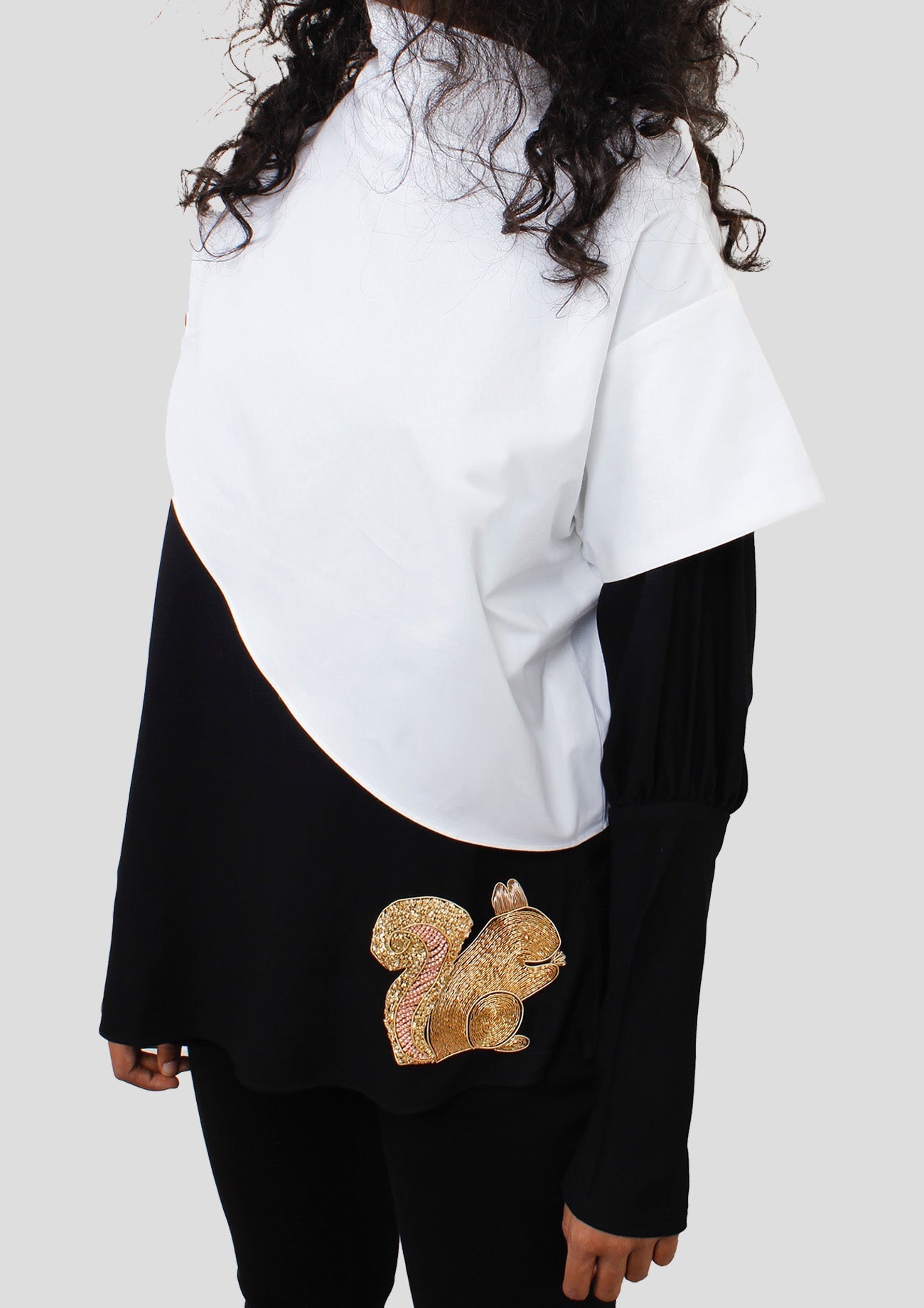 Two Piece Top - Black/White Cotton Top With Embroidererd Squirrel