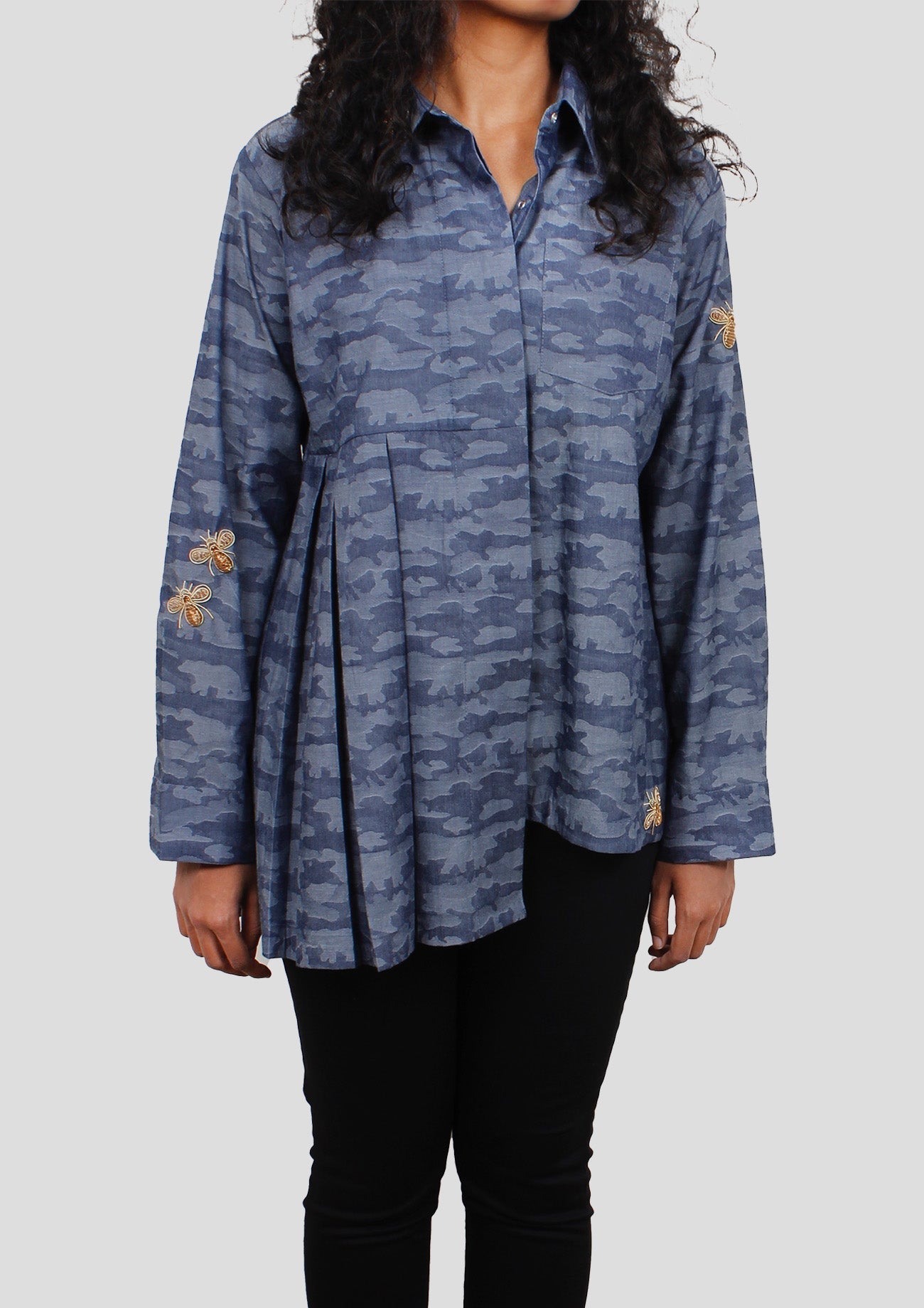 Denim Camouflage Weave asymmetrical Shirt With Embroidered Bugs