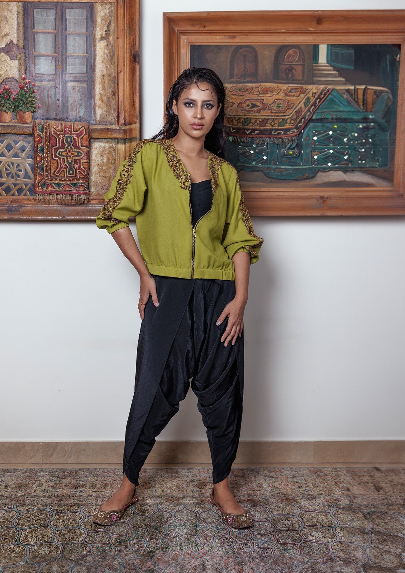 Green Bomber With Cutwork Embroidered Border With Black Crepe Dhoti Pants