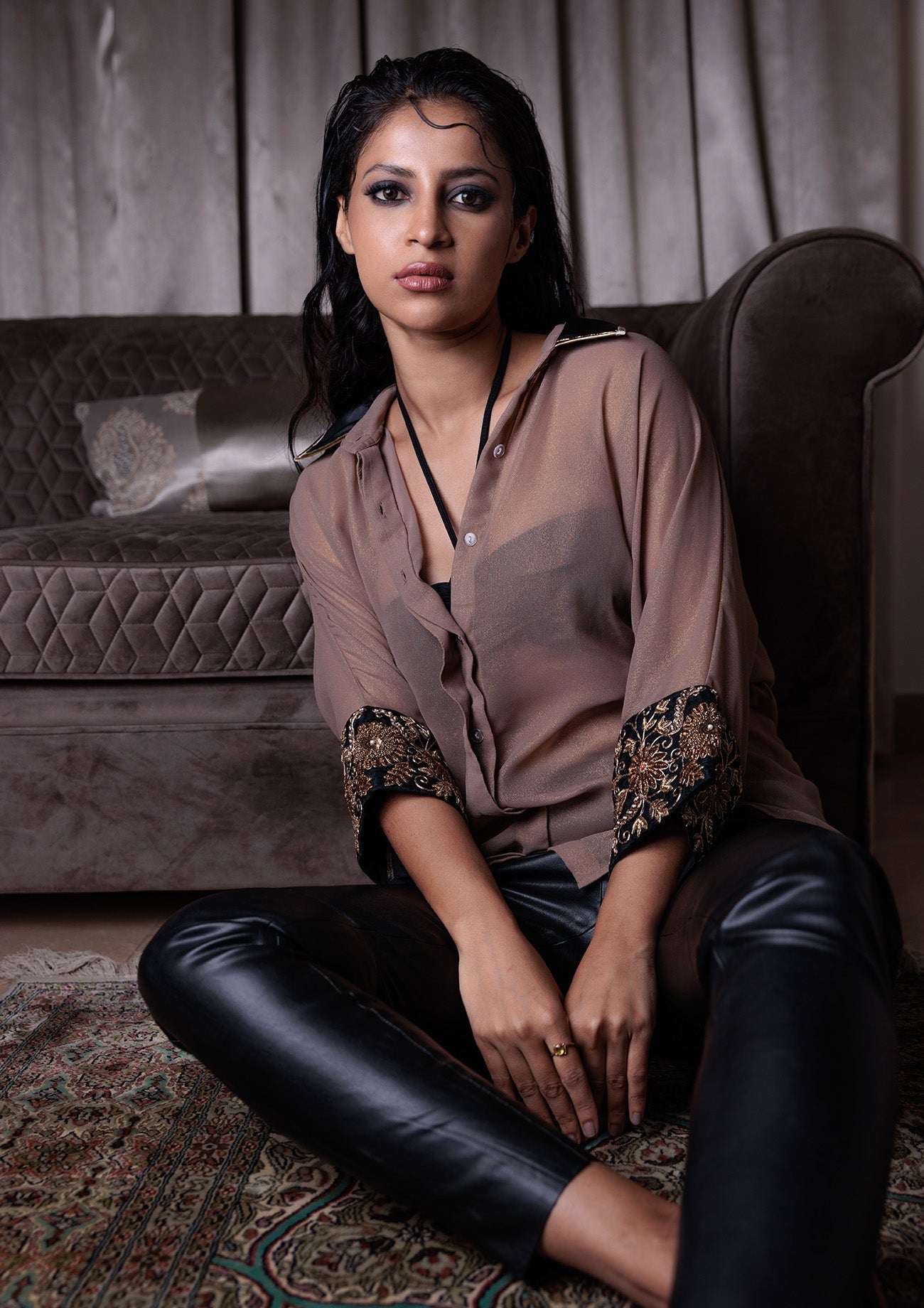Shimmer Beige Poncho Shirt with Black Collar And Embroidered Cuffs